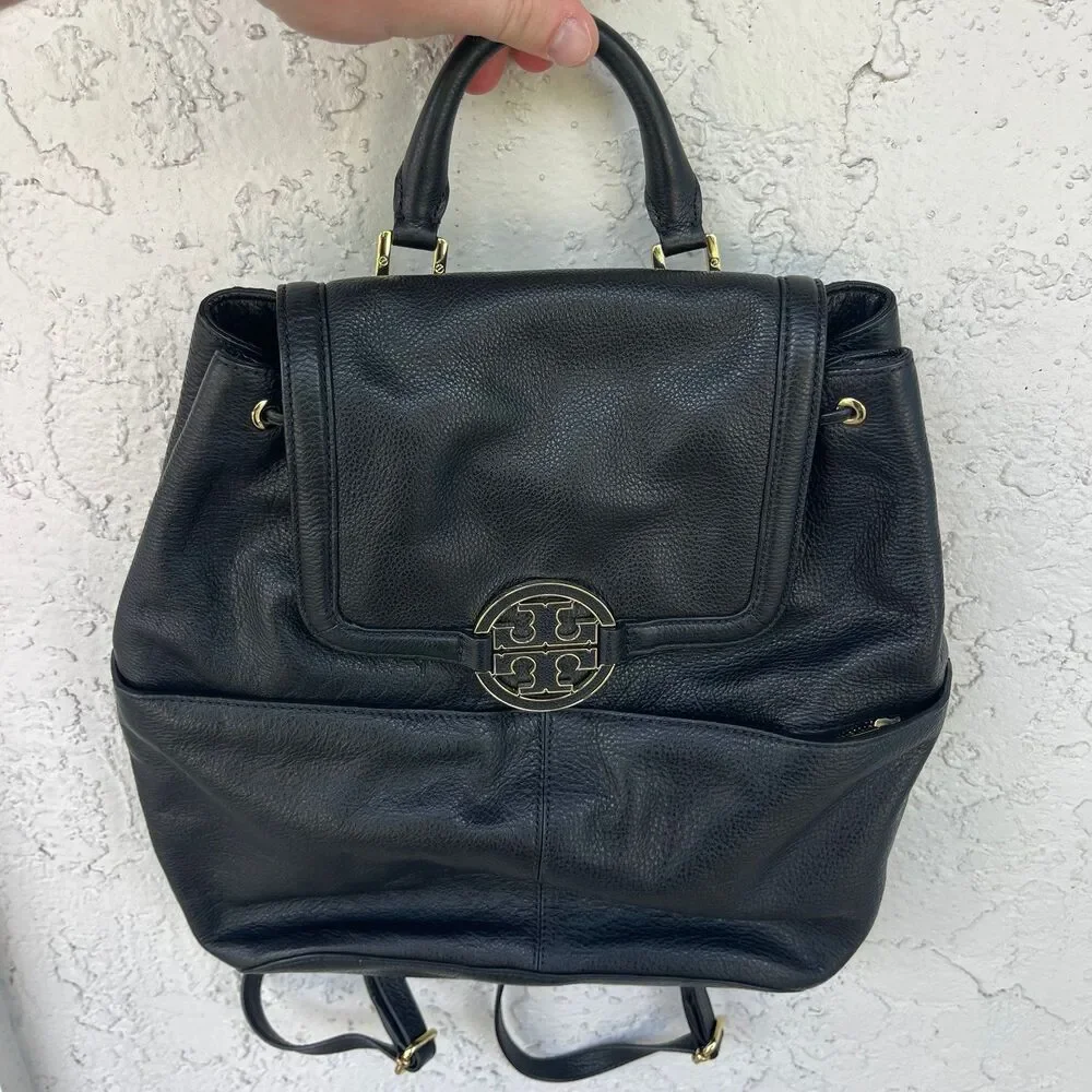 Tory Burch Amanda Flap Backpack Black Pebbled Leather Bag
